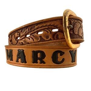 Vintage Tooled Leather Western Belt ‘Marcy’ Name Acorn Design 32.5” Cowgirl